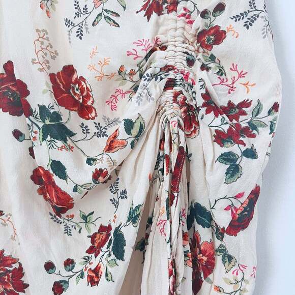 Maje Floral Print Ruched Midi Dress with Adjustable Drawstring Slit Size 2 - Picture 6 of 9